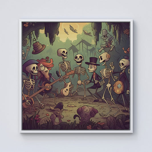 Cartoonish Skeletons Having A Party Framed Canvas